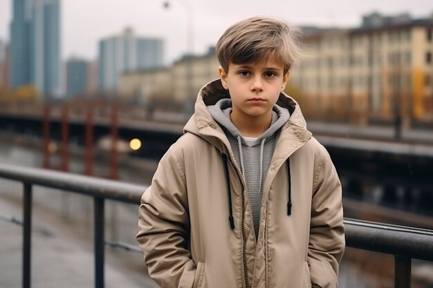 Фото Грустный мальчик в бежевом пальто в городе