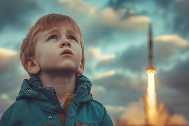 sad boy looks up into the sky where a nuclear rocket is heading