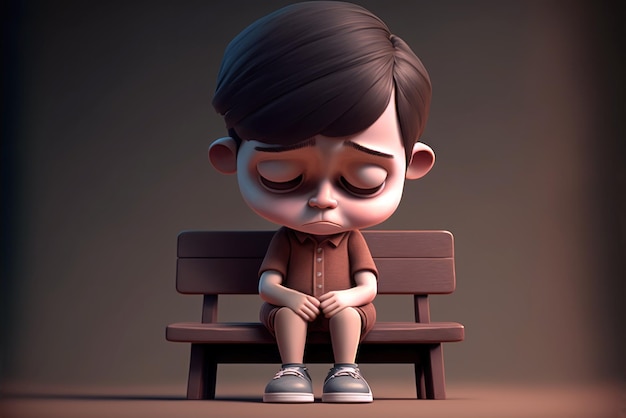A sad boy sits on a bench in front of a dark background.
