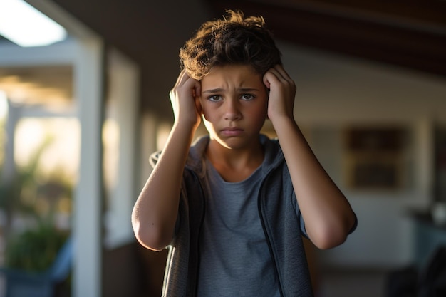 Photo a sad boy with headache high fever stressed holding her head with pain