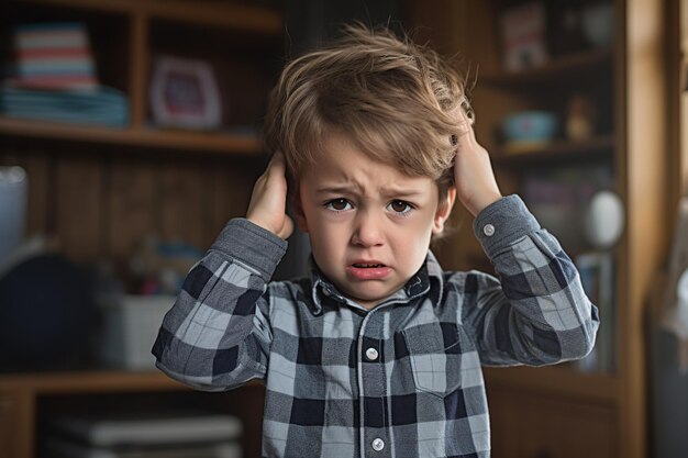 Photo a sad boy with headache high fever stressed holding her head with pain