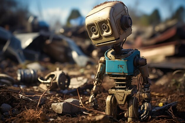 sad broken little robot on junkyard