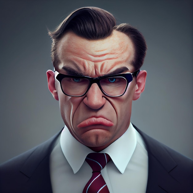 Карикатурный портрет грустного бизнесмена, безумный босс, деловой человек или иллюстрация предпринимателя