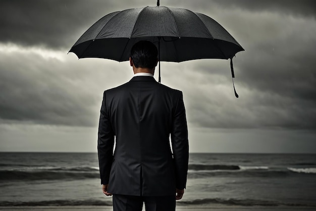 Печальный бизнесмен сидит под черным зонтиком на пляже под облачным дождем, думая об инвестициях.