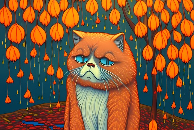 Sad cat in the autumn forest. Fantasy illustration.