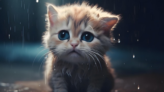 生成 AI テクノロジーを使用して作成された、雨の日の夜に悲しい猫の泣き表情