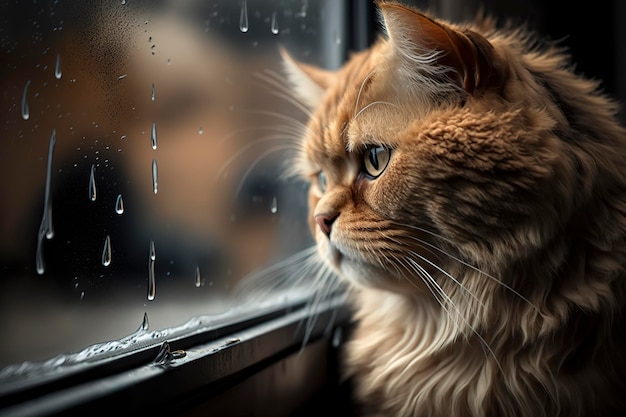 폭풍우가 치는 날씨에 창밖을 응시하는 슬픈 고양이 Generative AI