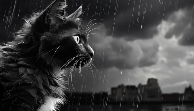 Sad cat on the street under the rain