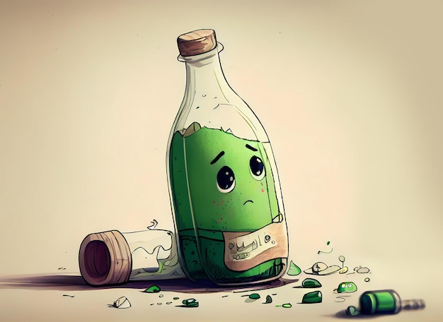 Sad character alcohol bottle on white background