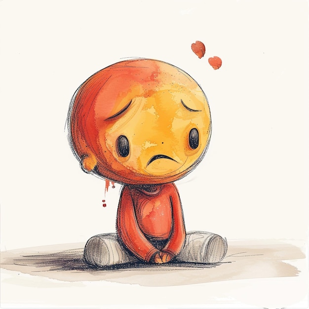 Photo a sad character with orange skin and brown shirt sitting on the floor in a minimalist style