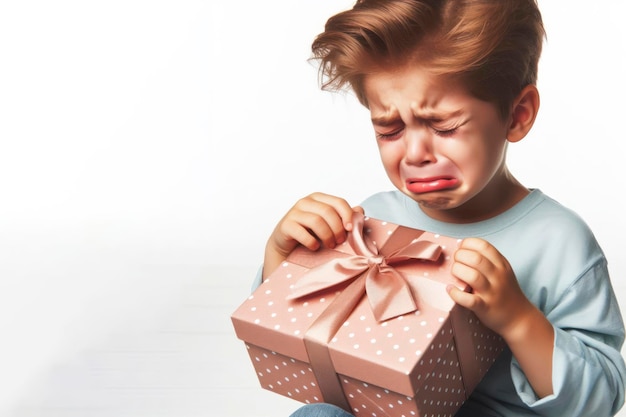 Печальный ребенок открывает подарочную коробку, изолированную на белом фоне.