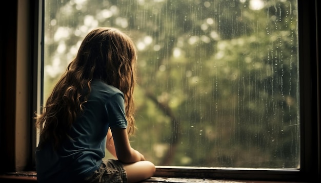 悲しい子供のシルエット、雨、深い考え、孤独、憧れ、恐怖、明白な悲しみ