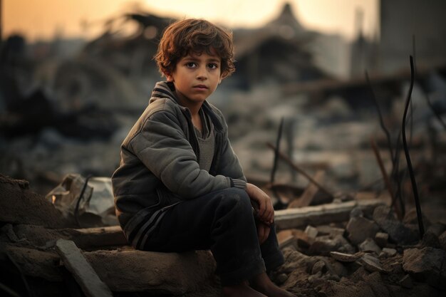 A sad child sits on the ruins of a building