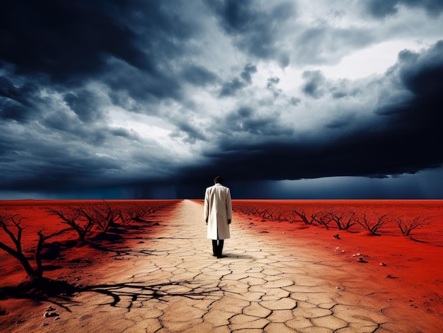 Sad climatologist walking in the eerie and dry land climate change concept