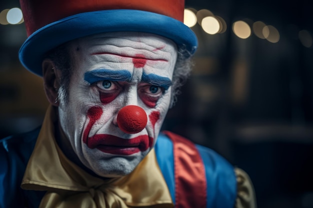 Sad clown exhausted circus jester joker emotions unhappy depressed performer carnival man sadness