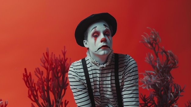 Photo a sad clown with white makeup and a black hat is sitting in front of a red background he is wearing a striped shirt and suspenders