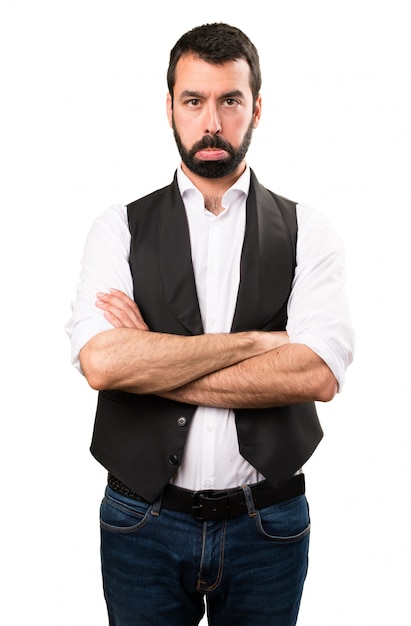 Sad cool man on isolated white background