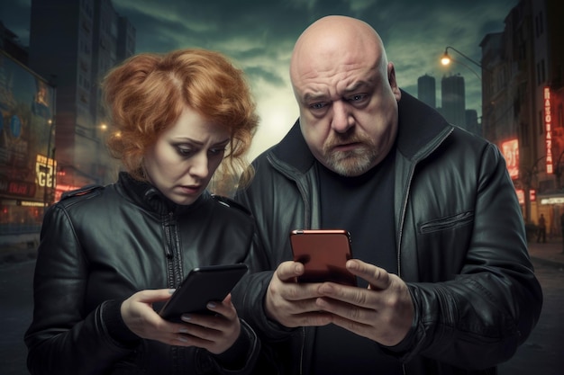 Печальная пара мужа и жены с мобильными телефонами в качестве фона ночного города концепция непонимания проблем