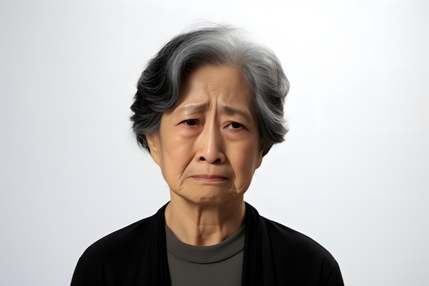 Sad crying asian woman portrait on lightgrey background neural network generated photorealistic