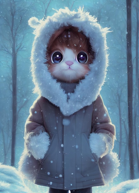 겨울 코트 눈 덮인 야외에서 슬픈 귀여운 토끼