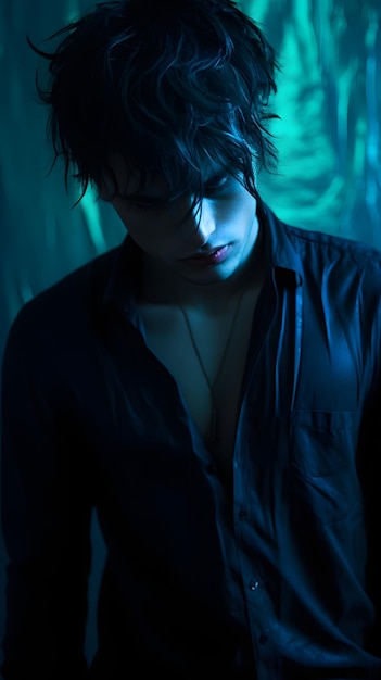 sad dangerous male model dark blue and turquoise