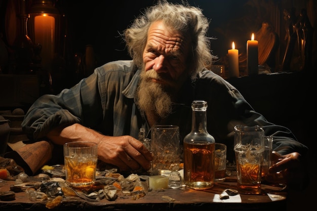 Foto uomo anziano triste e depresso con molte bottiglie e bicchieri