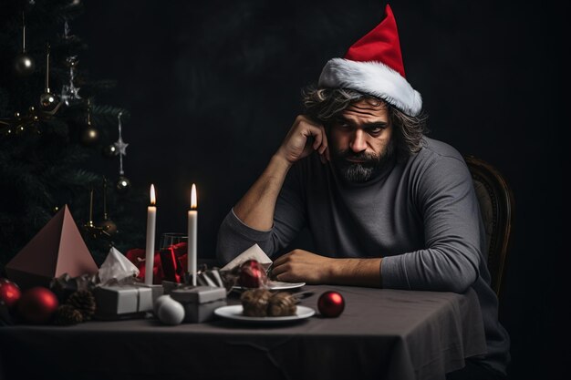 Premium AI Image | Sad depressed man at home sitting at the table near  Christmas tree man celebrating christmas and new year
