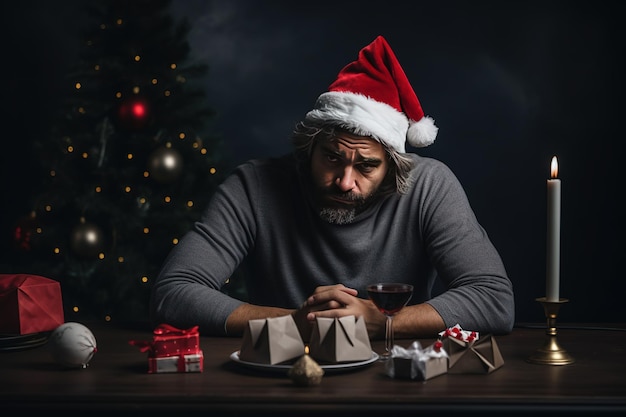 Sad depressed man at home sitting at the table near Christmas tree man celebrating christmas and new year