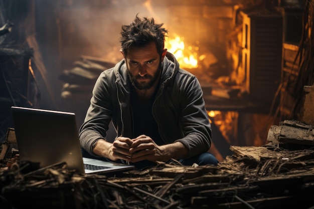 Photo sad and depressed man with laptop computer sitting on ruins and chaos