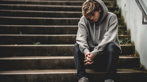 Грустный депрессивный подросток сидит на улице один.