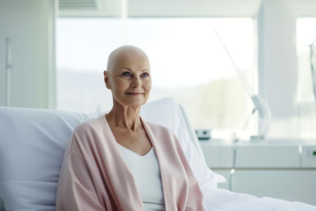 Foto una donna triste e depressa che soffre di un cancro al seno maligno seduta da sola.