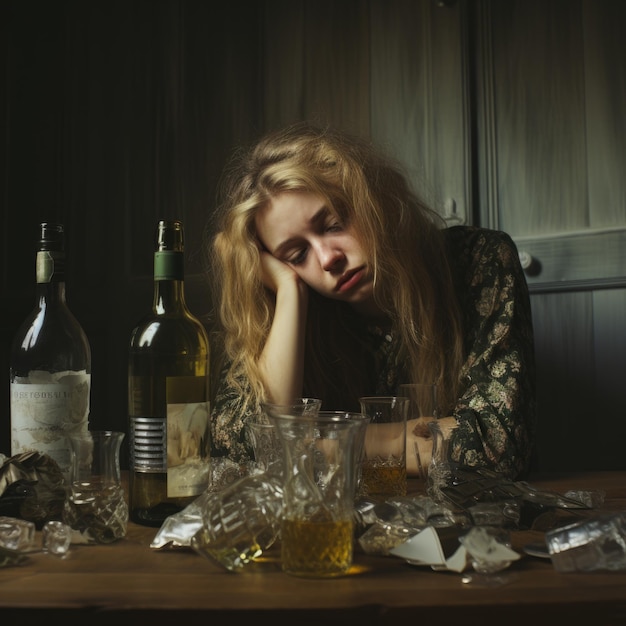 Photo sad and depressed woman with many bottles and glasses alcoholism concept