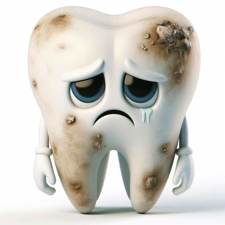 Photo sad dirty 3d tooth character isolated on solid white background ai generative