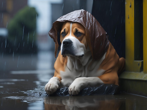 悲しい犬が雨の中で路上に横たわっている AIが生成した