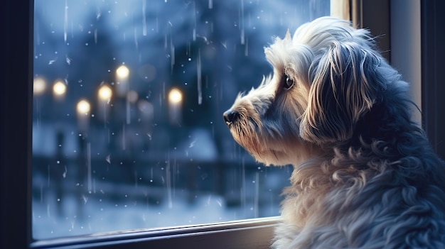 A sad dog looks out the window and waits for its owner High quality photo