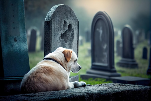 Sad dog at the owner's grave Generative AI Generative AI