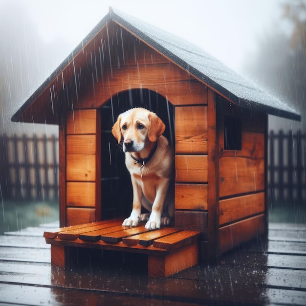 悲しい犬が雨の中の木製のブースに座っている