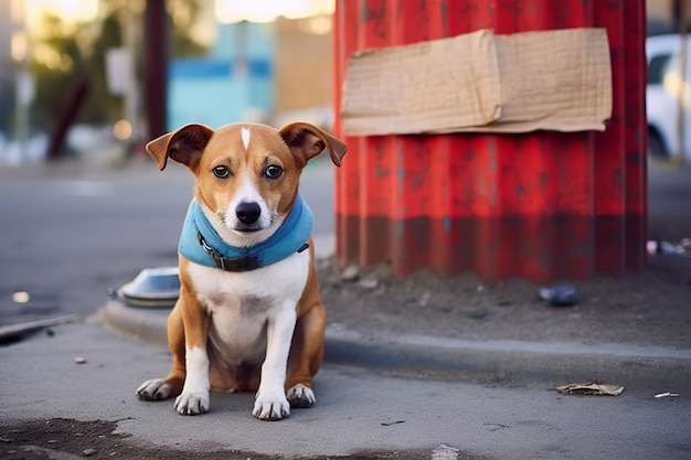 sad dog on the street with a blank cardboard sign