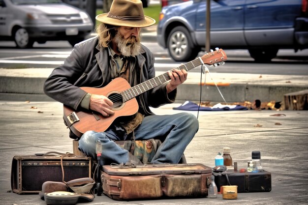 A sad elderly street musician entertains passersby on a city street by playing a musical instrument