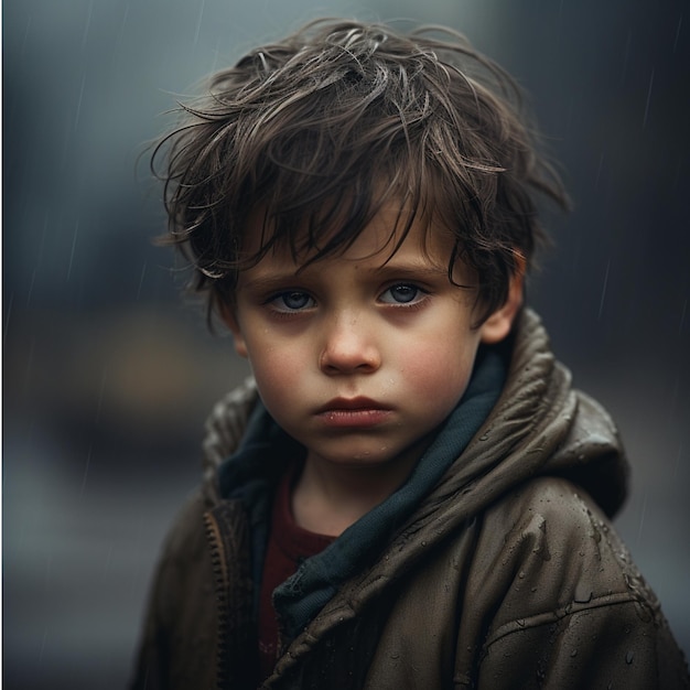 Sad Emotional Poor Child Boy in Poverty Orphan