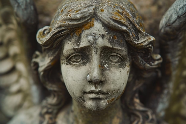 Foto volto triste della scultura emotiva del ritratto della statua di angelo nel cimitero