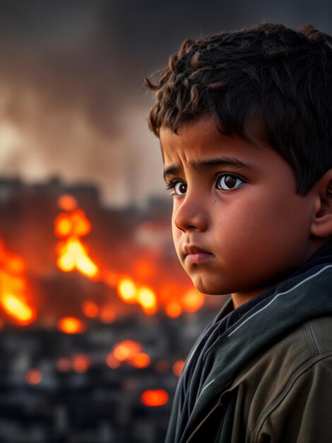 Foto il volto triste di un bambino palestinese in primo piano