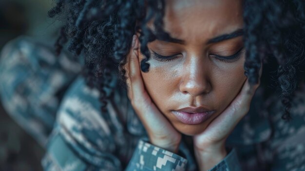 A sad female soldier holds her head with her hands posttraumatic stress disorder awareness day