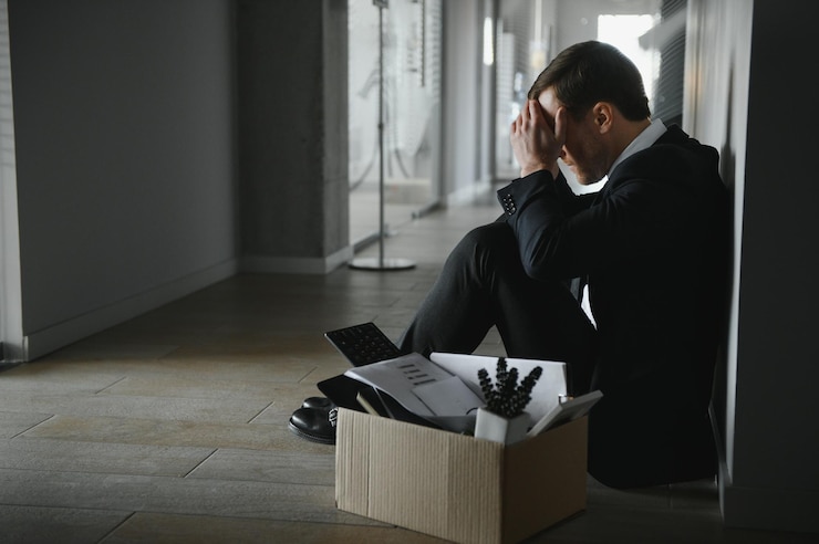 Photo sad fired businessman sitting outside meeting room after being dismissed