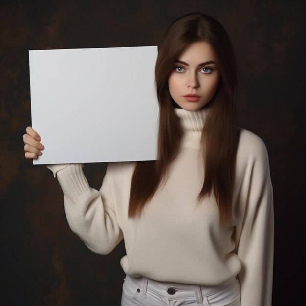 Photo sad girl holding a blank white board in dark background