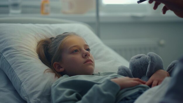 사진 병원 침대에 누워 있는 슬픈 소녀 포옹 장난감 초상화 의사가 환자 증상을 확인하고 있습니다.
