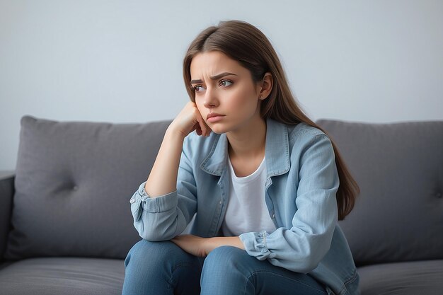 Sad girl sitting on the sofa and thinking negative thoughts