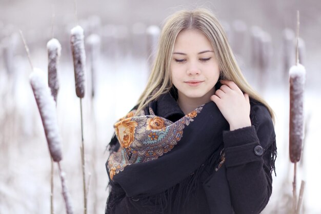 sad girl in winter nature