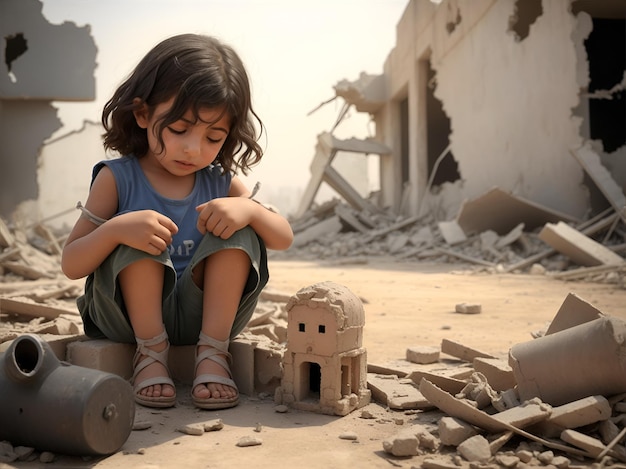 Sad and helpless girl sitting among the ruins of his destroyed house because of earthquake disaster