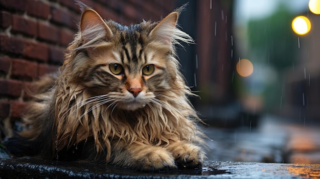 비가 오는 동안 거리에서 앉아있는 슬픈 노숙자 고양이 고품질 사진